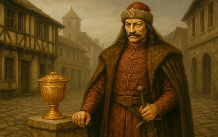 Orta çağ Eflak kent meydanında kılıç taşıyan bir lider ve yanında duran altın kupa tasviri.